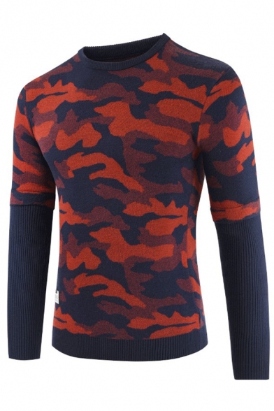 Mens New Stylish Red Camouflage Printed Long Sleeve Slim Knitted Pullover Sweater