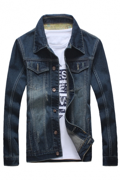 Mens Simple Lapel Long Sleeve Button Down Slim Fitted Casual Daily Wear Jean Jacket Coat