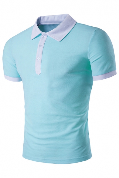 Mens Stylish Contrast Panelled Lapel Collar Short Sleeve Fitted Polo Shirt