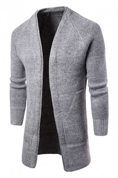 Mens Stylish Plain Long Sleeve Open Front Longline Knitted Cardigan with Big Pocket
