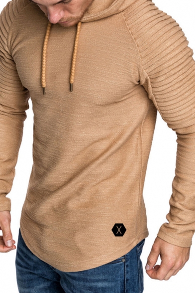 Mens Stylish Plain Pleated Long Sleeve Slim Fitted Drawstring Pullover Hoodie