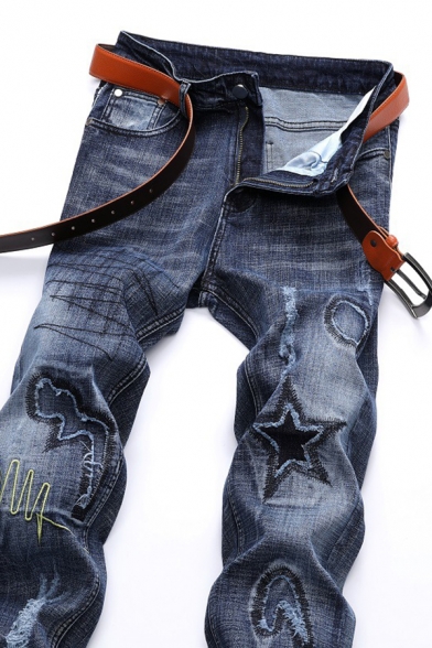 Mens Stylish Star Embroidery Zip Placket Denim Blue Pants Ripped Jeans