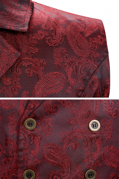 Mens Vintage Paisley Pattern Double Breasted High Low Hem Solid Color Tunic Suit Vest