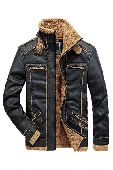 eipogp Mens Winter Faux Leather Jackets Warm Suede Lined Outwear Stripes Zip Up Motorcycle Jacket Coat
