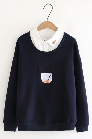 Patched Lapel Embroidered Letter SOME ADVICE FROM YOUR GOLDFISH Long Sleeve Loose Sweatshirt