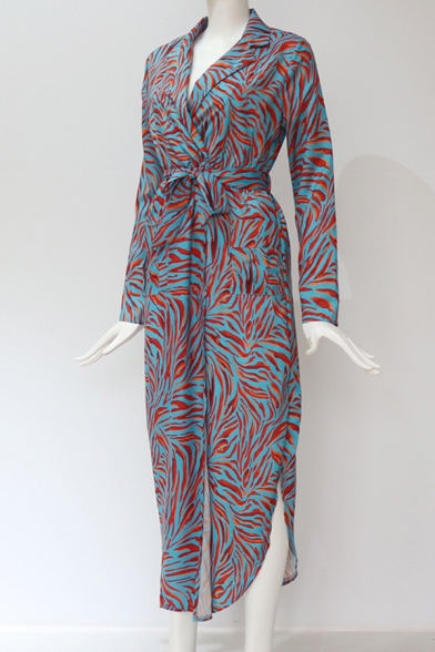 Pretty Ladies' Long Sleeve V-Neck Floral Pattern Bow-Tied Slit Side Asymmetric Long Sheath Shirt Dress
