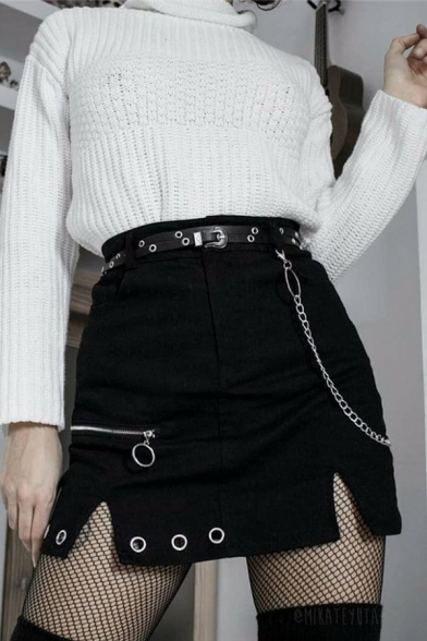 Punk Goth High Waist Button Chain Zip Embellished Eyelet Detail Split Black Mini A-Line Skirt for Female