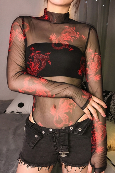 Sexy Female Glove Sleeve Mock Neck Dragon Print See-Through Mesh Slim Fit Bodysuit for Nightclub