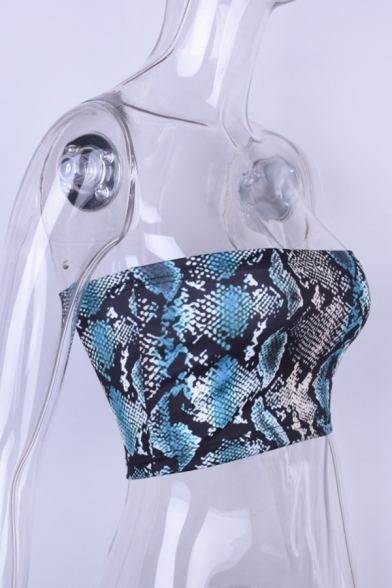 Sexy Women's Sleeveless Off The Shoulder Strapless Snake Printed Fitted Crop Bandeau Top