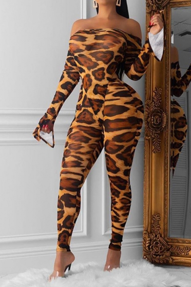 Sexy Women's Slit Sleeve Off The Shoulder Leopard Patterned Skinny Long Stretchy Jumpsuit in Brown