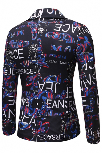 Stylish Floral Letter Graffiti Pattern Long Sleeve One Button Slim Fit Leisure Suit Blazer for Men