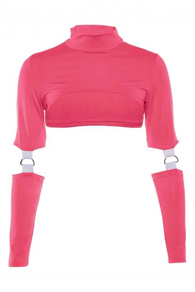 Stylish Girls' Long Sleeve High Neck Buckle Hollow Out Neon Crop Top