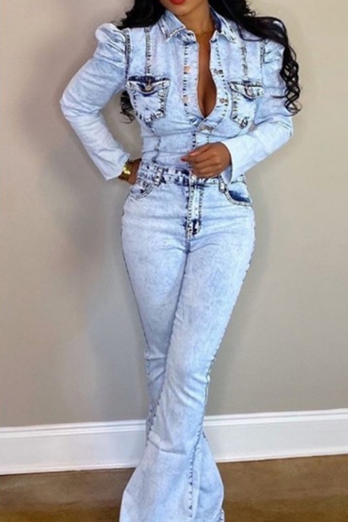 Stylish Ladies' Long Sleeve Mid Rise Button Down Contrast Piped Full Length Slim Fit Flared Denim Jumpsuit in Light Blue