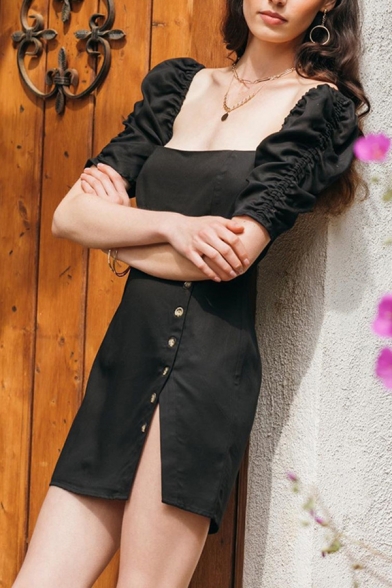 Summer Elegant Plain Black Puff Short Sleeve Square Neck Button Decorated Split Loose Mini Dress