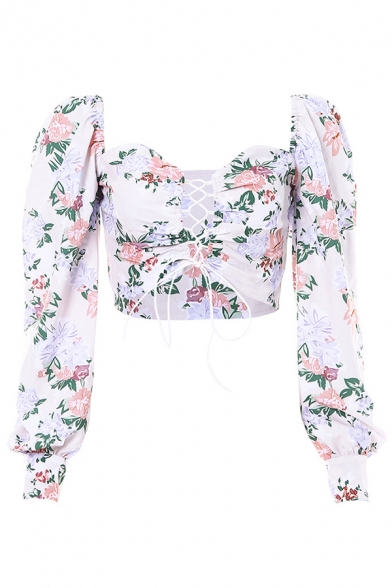 Summer Women's Puff Sleeve Sweetheart Neck Lace Up Flower Printed Slim Crop Blouse Top in White