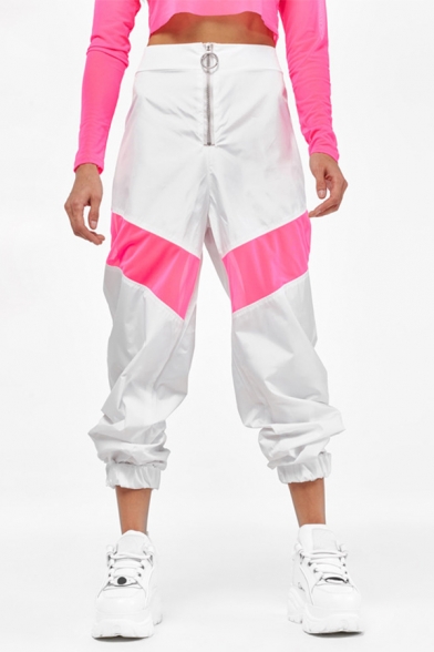 Unique Street Girls' High Waist Zipper Front Contrasted Cuffed Long Relaxed Carrot Trousers