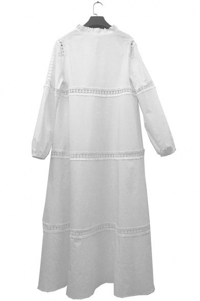 White Ethnic Style Long Sleeve V-Neck Ruffled Trim Bow-Tied Patched Lace Oversize Maxi Swing Dress for Female