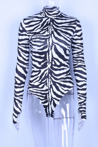 Women's Cool Black Long Sleeve Mock Neck Zebra Stripe Fit Bodysuit