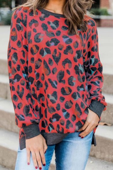 Women’s Fashion Leopard Pattern Crew Neck Long Sleeve Side Split Leisure Pullover Sweatshirt