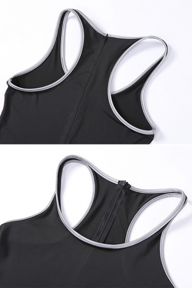 Women's Hot Sleeveless Scoop Neck Contrast Piped Zipper Back Plain Tight Tank Shorts Rompers