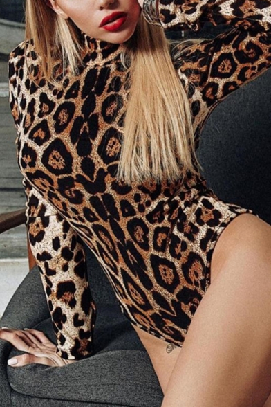Women's Sexy Soft Long Sleeve High Neck Leopard-Printed Tight Bodysuit in Brown