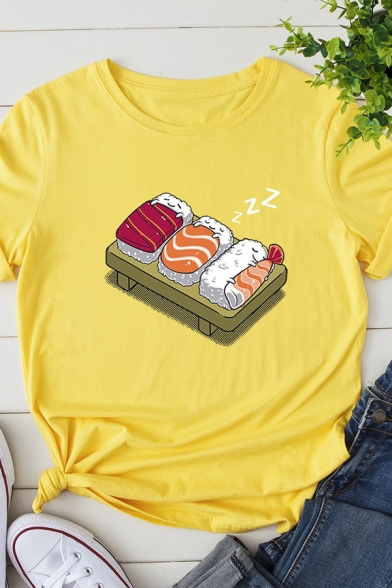 Womens Casual Cute Sushi Food Pattern Short Sleeve Round Neck Loose Fit T-Shirt