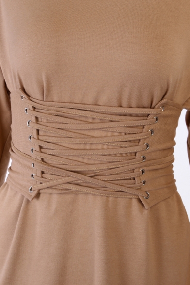 Womens Casual Plain Round Neck Long Sleeve Lace Up Gathered Waist Mini A-Line T-Shirt Dress