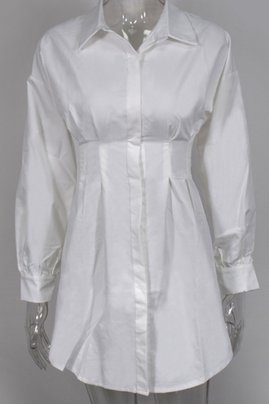 Womens Chic Elegant Lapel Collar Long Sleeve Lace-Up Gathered Waist Plain Mini Shirt Dress