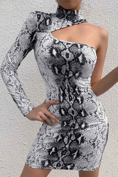 

Womens Classic Snakeskin Leopard Pattern Cutout Single Sleeve High Collar Mini Fitted Dress, Brown;gray, LM570905