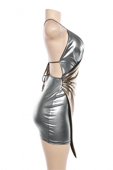 Womens Cool Gold Metallic Plain Halter Neck Sleeveless Night Club Sexy Mini Surplice Wrap Dress