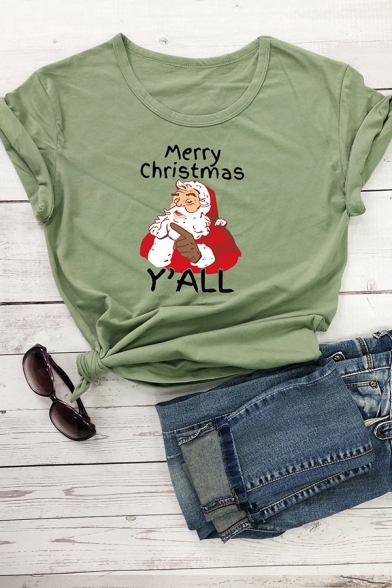 Womens Cool Santa MERRY CHRISTMAS Y'ALL Printed Roll-Up Short Sleeve Loose T-Shirt