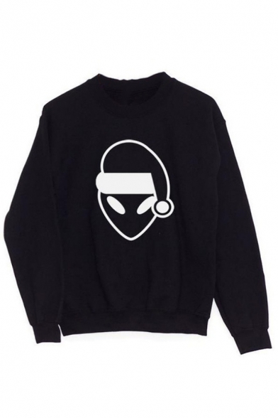 Womens Cute Christmas Alien Print Long Sleeve Crew Neck Black Loose Pullover Sweatshirt