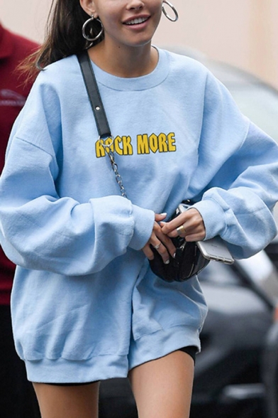 Womens Fashion ROCK MORE Letter Embroidery Long Sleeve Light Blue Classic Pullover Loose Sweatshirt