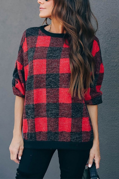 Womens Fashionable Color Block Plaid Pattern Long Sleeve Loose Classic Gingham Sweatshirt