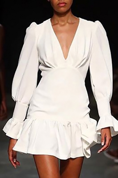 Womens Fashionable White Bell Long Sleeve V-Neck Ruffle Hem Mini Party Dress