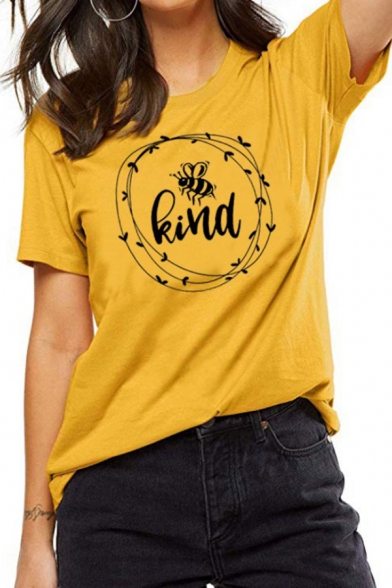 Womens Lovely Bee KIND Printed Short Sleeve Crew Neck Loose Graphic T-Shirt