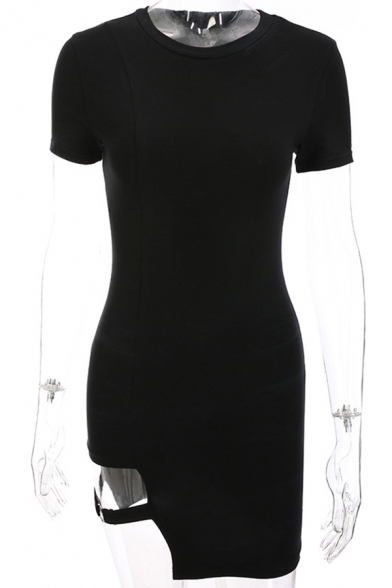 Womens New Trendy Round Neck Short Sleeve Plain Black Fitted Mini Asymmetric T-Shirt Dress