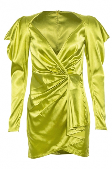 Womens Sexy Fluorescent Green Plain Puff Long Sleeve V-Neck Ruched Slim Fitted Mini Surplice Wrap Dress