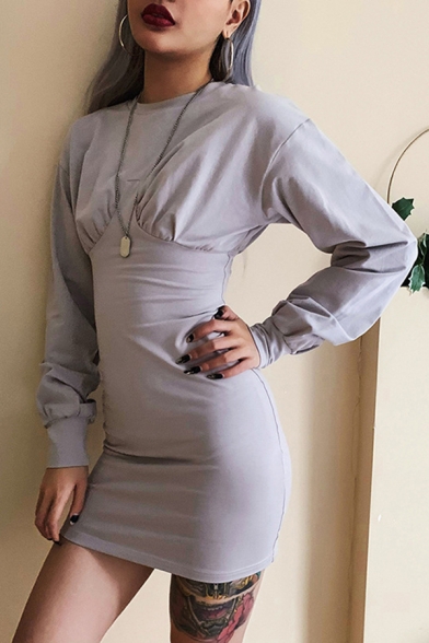 Womens Vintage Gray Solid Long Sleeve Round Neck Bustier Mini Sheath Dress