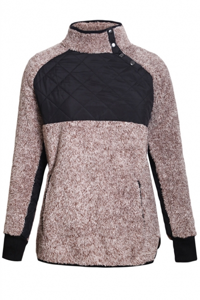 Womens Warm High Collar Oblique Button Down Long Sleeve Sherpa Fleece Casual Sweatshirt with Side Pocket