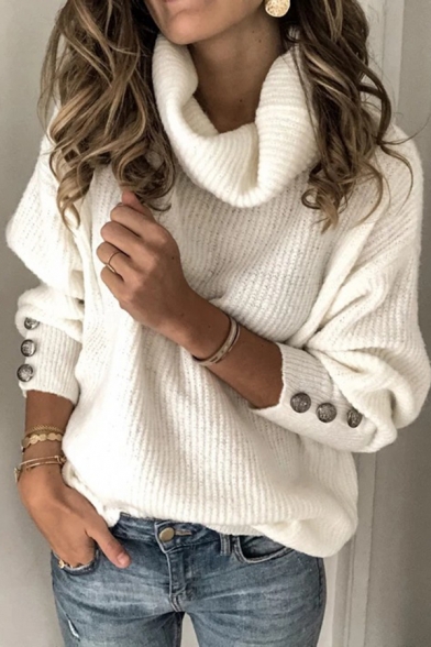 Womens Winter Fashionable Plain Turtleneck Long Sleeve Button Cuff Loose Pullover Sweater
