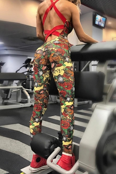 Athletic Girls' Sleeveless Hollow Out Back Letter LOVE Floral Printed Skinny Ankle Red Jumpsuit for Gym