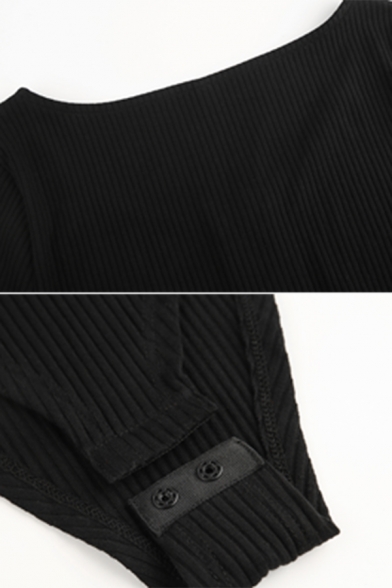 Basic Soft Long Sleeve Deep V-Neck Button Plain Fitted Bodysuit for Women