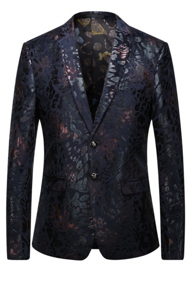 Britpop New Fashionable Pattern Printed Long Sleeve Notched Lapel Double Buttons Black Suit Blazer