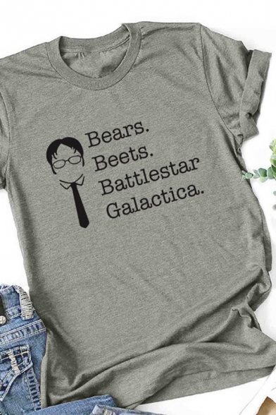 Casual Letter BEARS BEETS BATTLESTAR GALACTICA Print Rolled Short Sleeve Graphic T-Shirt