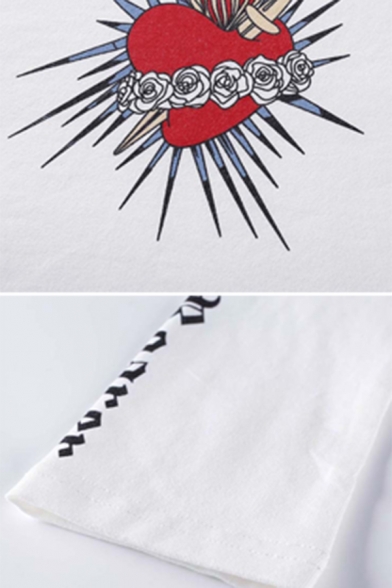 Casual White Girls' Long Sleeve High Neck Piercing Heart Print Letter ROARER Slim Crop T-Shirt