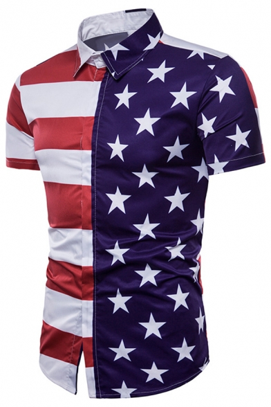 Chic American Flag Stripe Star 3D Print Short Sleeve Button Up Red and Blue Shirt