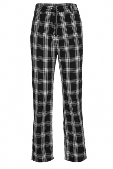 Chic Girls' High Waist Plaid Printed Zipper Front Long Slim Fit Straight Pants in Black