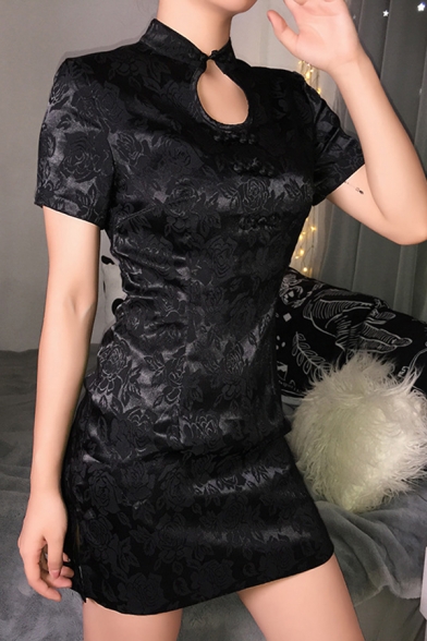Chinese Style Floral Print Frog Button Stand Collar Hollow Out Short Sleeve Split Side Black Mini Cheongsam Dress