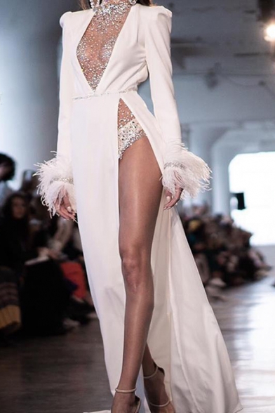 Classy Amazing Long Sleeve Deep V-Neck Fringe High Slit Side White Maxi Couture Flowy Dress for Ladies